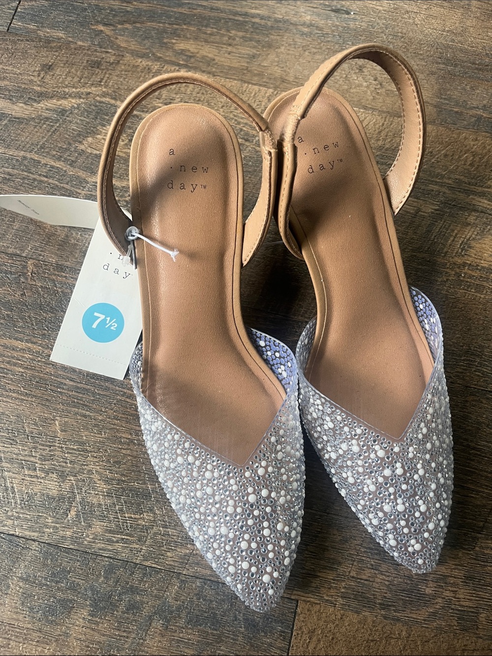a new day Tan heels with Silver Pearl & Rhinestone Toe